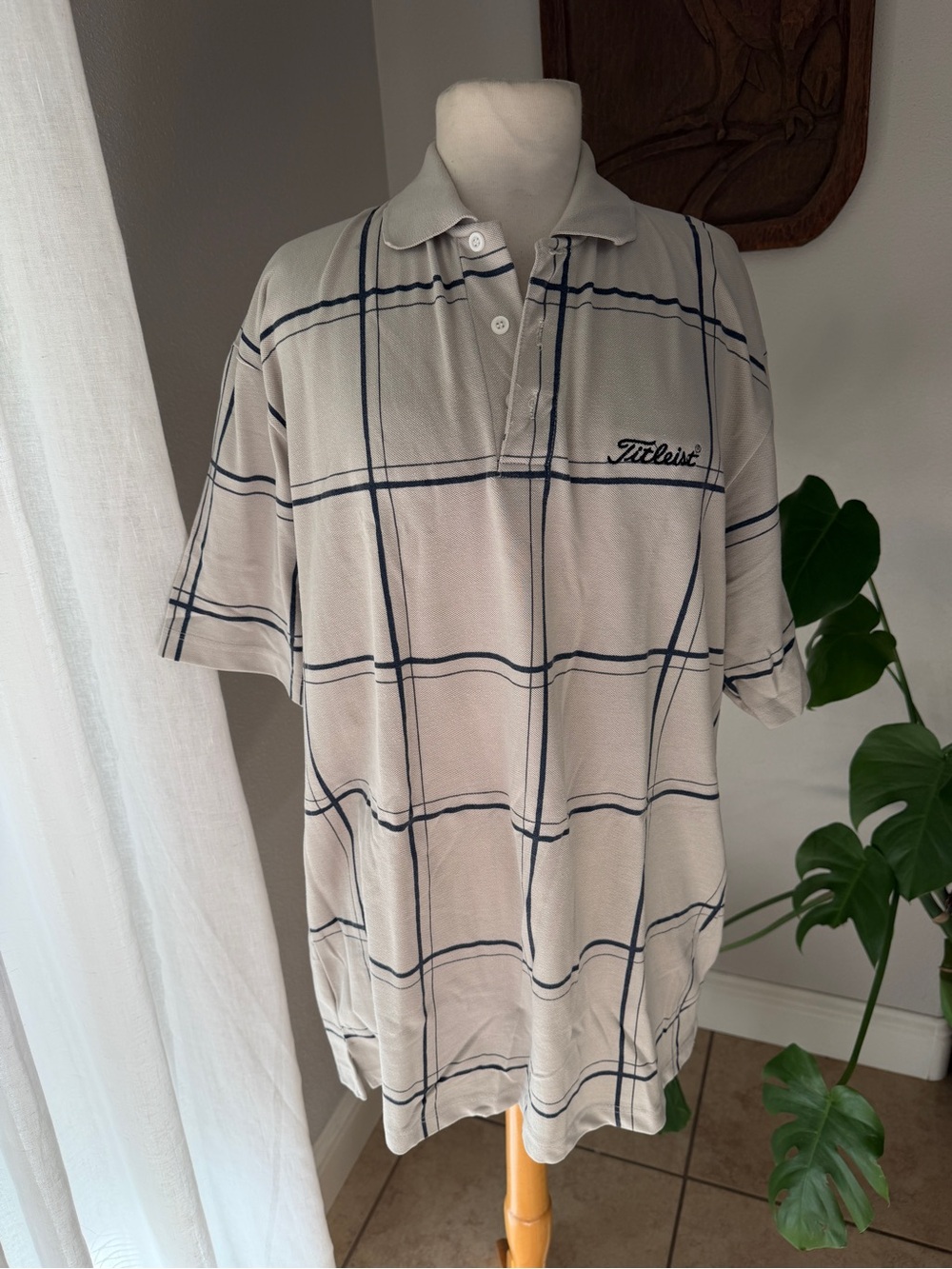 Titleist Men’s XXL Golf Polo Shirt Beige Navy Plaid Short Sleeve